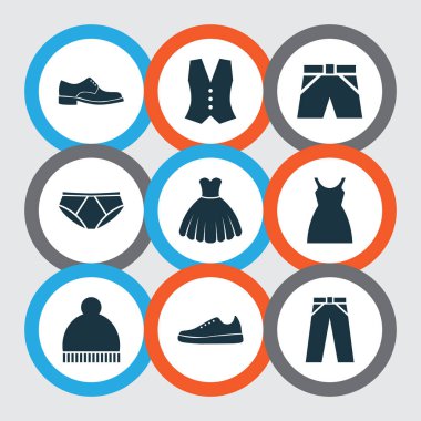 Giysi simgeler kümesi. Elbise, pantolon, spor ayakkabı ve diğer öğeleri koleksiyonu. Ayrıca bez, Ayakkabı, Ayakkabı gibi simgeler içerir.