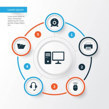 Dizüstü bilgisayar simgeler kümesi. Kulaklık, bilgisayar faresi, yayın ve diğer öğeleri koleksiyonu. Ayrıca, kulaklık, mikrofon, dosyası gibi simgeler içerir.