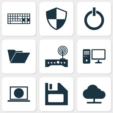 Bilgisayar simgeleri ayarlayın. Güç açma, dosyası, savunma ve diğer öğeleri koleksiyonu. Ayrıca Modem, güç, bilgisayar gibi simgeler içerir.