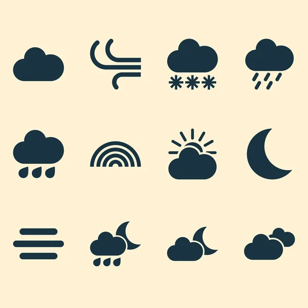Klimatu ikony nastavení. Kolekce, počasí, noční, vítr a další prvky. Zahrnuje také symboly jako mraky, střiky, zima. — Stockový vektor