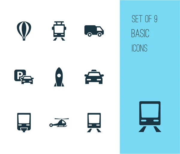 Transport ikoner Set. Samling av järnvägen, Cab, Chopper och andra element. Innehåller också symboler såsom flyg, flygplan, helikopter. — Stock vektor