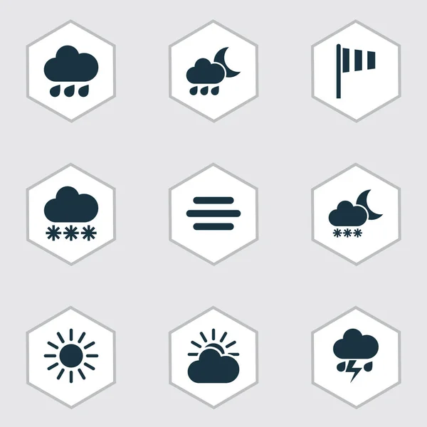Nature Icons Set. Collection Of Sun-Cloud, Nightly, Flag And Other Elements. Also Includes Symbols Such As Rain, Vane, Light. — Stock Vector