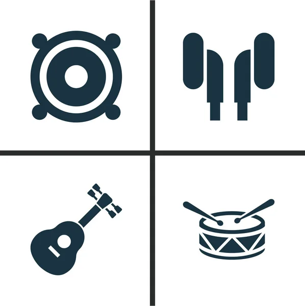 Audio-Icons gesetzt. Sammlung von Ohrenschützer, Fass, Megafon und anderen Elementen. enthält auch Symbole wie Tonne, Lautsprecher, Gitarre. — Stockvektor