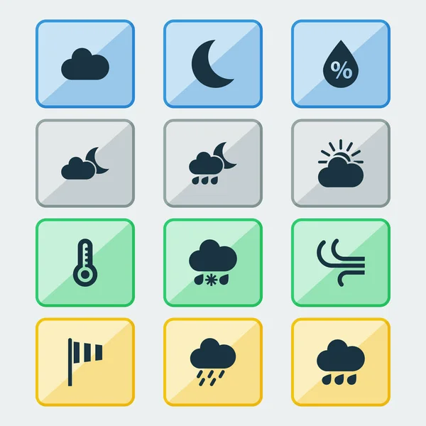 Icone meteo impostate. Collezione di pioggia, nuvole di sole, cazzi e altri elementi. Include anche simboli come freddo, notte, notte . — Vettoriale Stock