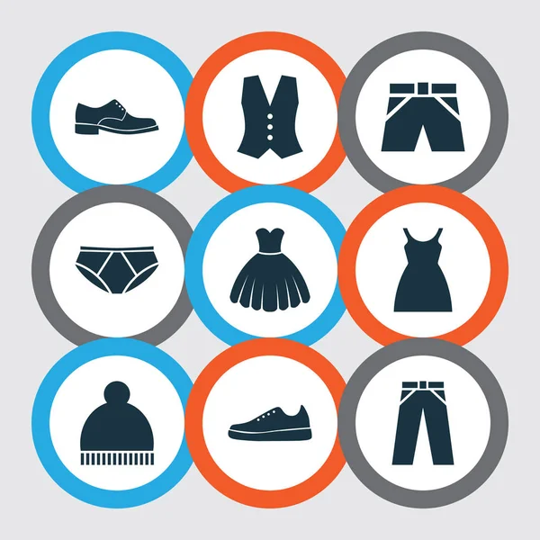 Garment Icons Set. Collection Of Dress, Pants, Sneakers And Other Elements. Also Includes Symbols Such As Cloth, Footwear, Shoes. — Stock Vector