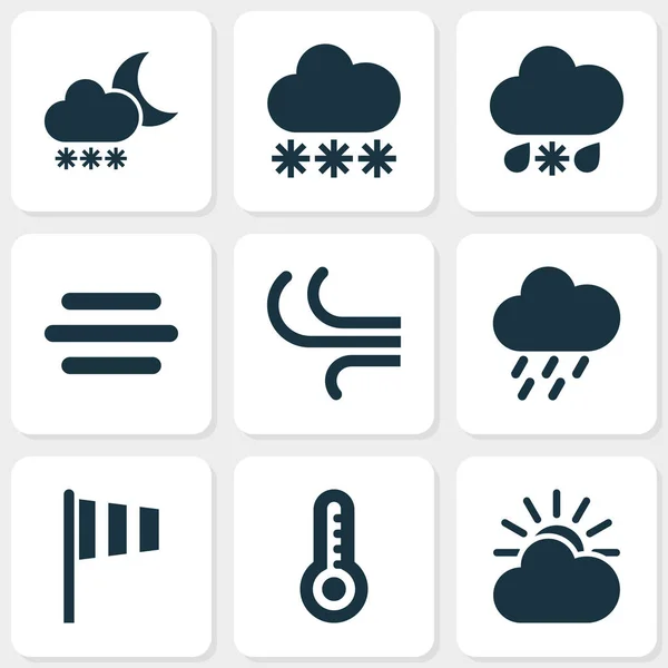 Meteorologie-Ikonen gesetzt. Sammlung von Brise, Dunst, Sonne-Wolke und anderen Elementen. enthält auch Symbole wie Fahne, Naß, Nebel. — Stockvektor