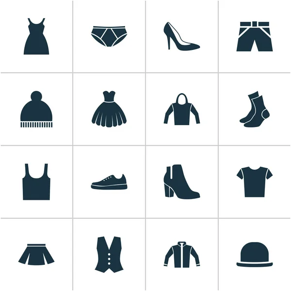 Set de iconos de vestir. Colección de Casual, Panamá, Trunks Cloth y otros elementos. También incluye símbolos tales como vestido, botas, chaleco . — Vector de stock