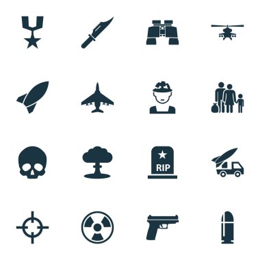 Savaş Icons Set. Kaçak, füze, RIP ve diğer öğeleri koleksiyonu. Ayrıca kurşun, Kafadericisi, helikopter gibi simgeler içerir.