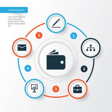 İş Icons Set. Cüzdan, sunu kurulu, hiyerarşi ve diğer öğeleri koleksiyonu. Ayrıca çanta, evrak çantası, cüzdan gibi simgeler içerir.