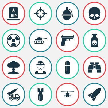 Savaş Icons Set. Askeri, tehlike, silah ve diğer öğeleri koleksiyonu. Ayrıca patlama, bomba, roket gibi simgeler içerir.
