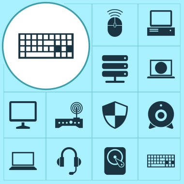 Defter Icons Set. Yönlendirici, veritabanı, Hdd ve diğer öğeleri koleksiyonu. Ayrıca kulaklık, monitör, savunma gibi simgeler içerir.