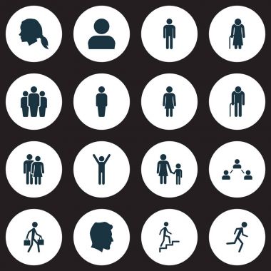 İnsanlar simgeler kümesi. Aile, körpe kafa, büyükbaba öğeleri koleksiyonu. Ayrıca, Jogging, bayım, merdiven gibi simgeler içerir.