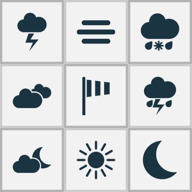 Meteoroloji Icons Set. Hava, Flash, ay ve diğer öğeleri koleksiyonu. Ayrıca ıslak, bulutlar, salgın gibi simgeler içerir.