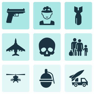 Icons Set mücadele. Kafatası, mühimmat, uçak ve diğer öğeleri koleksiyonu. Ayrıca sembolleri gibi içerir nükleer, el bombası, roket.
