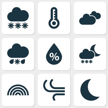 Doğa Icons Set. Gece, nem, Rüzgar ve diğer öğeleri koleksiyonu. Termometre, karlı, sıcak gibi semboller de içerir.