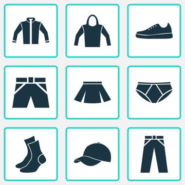 Giysi simgeler kümesi. Kazak, hırka, topluluğu külotlu ve diğer öğeler. Ayrıca şort, pantolon, fötr şapka gibi simgeler içerir.