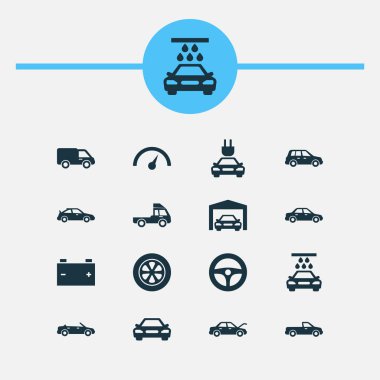 Araba Icons Set. Sürücü kumanda, Chronometre, Van ve diğer öğeleri koleksiyonu. Pikap, pil, onarım gibi semboller de içerir.