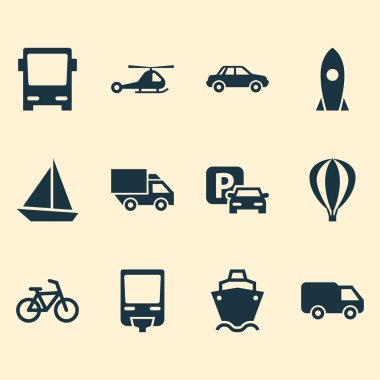 Sevk irsaliyesi Icons Set. Uzay gemisi, otobüs, kamyon ve diğer öğeleri koleksiyonu. Ayrıca bisiklet, roket, Camion gibi simgeler içerir.