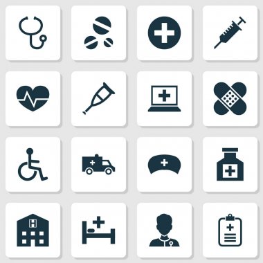 Uyuşturucu Icons Set. Tedavi, şifacı, kap ve diğer öğeleri koleksiyonu. Ayrıca yatak, Doktor, eczane gibi simgeler içerir.