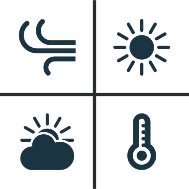 Meteoroloji Icons Set. Güneş-bulut, esinti, sıcaklık ve diğer öğeleri koleksiyonu. Ayrıca termometre, Rüzgar, bulut gibi simgeler içerir.