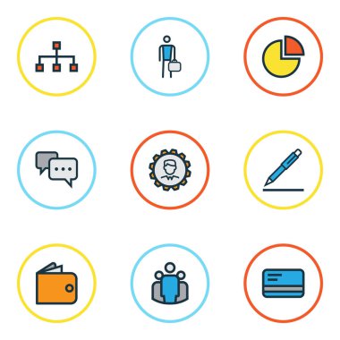 İş renkli anahat simgelerini belirlemek. Ağ, kalem, işçi ve diğer öğeleri koleksiyonu. Diyagramı, çalışan, imzalama gibi semboller de içerir.