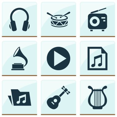 Ses simgeler kümesi. Başlat, enstrüman, varil ve diğer öğeleri koleksiyonu. Ayrıca kulaklık, dosyası, enstrüman gibi simgeler içerir.