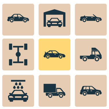 Otomobil Icons Set. Toplama Cabrio modeli, kamyon, onarma ve diğer öğeler. Ayrıca Dingil mesafesi, kamyon, su gibi simgeler içerir.