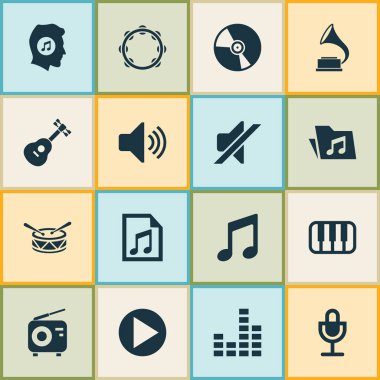 Ses simgeler kümesi. Mike, Tuner, başlangıç ve diğer öğeleri koleksiyonu. Ayrıca dosya, başlangıç, Meloman gibi simgeler içerir.