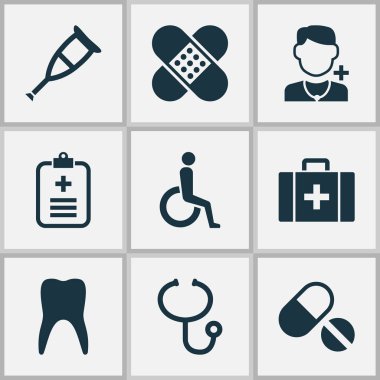 Uyuşturucu Icons Set. Diş, Spike, gözden geçirme ve diğer öğeleri koleksiyonu. Özürlü, göğüs, inceleme gibi semboller de içerir.