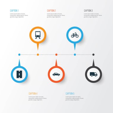 Taşıma simgeler kümesi. Otomobil, kamyon, yol ve diğer öğeleri koleksiyonu. Ayrıca Road, tren, araba gibi simgeler içerir.