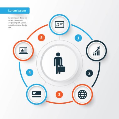 Ticaret simgeler kümesi. Artan, iş adamı, kimlik ve diğer öğeleri koleksiyonu. Ayrıca dünya, Laptop, küresel gibi simgeler içerir.