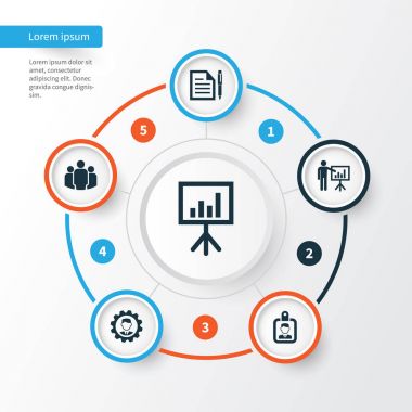 Ticaret simgeler kümesi. Lider, adam, sunu yönetim kurulu ve diğer öğeleri sunma topluluğu. Ayrıca sözleşme, kalem, grafik gibi simgeler içerir.