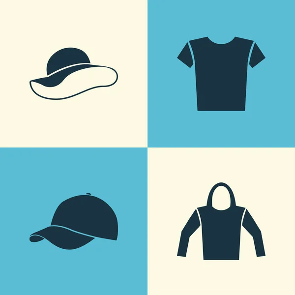 의류 아이콘 세트입니다. 운동복, 우아한 모자, 캐주얼 및 기타 요소의 컬렉션입니다. 또한 착용, 투구, 운동복 등의 기호를 포함. — 스톡 벡터