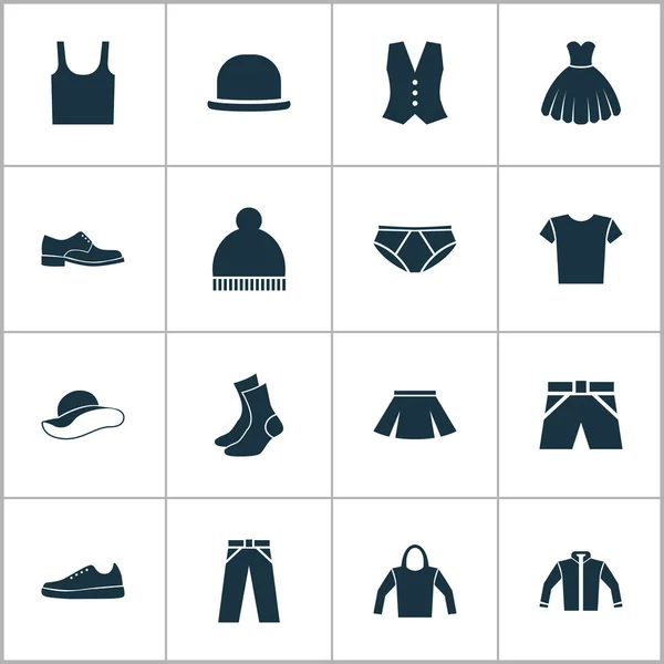 Set de iconos de prendas de vestir. Colección de Cárdigan, Media Manguera, Singlet y otros elementos. También incluye símbolos como calcetines, chaleco, sombrero . — Archivo Imágenes Vectoriales