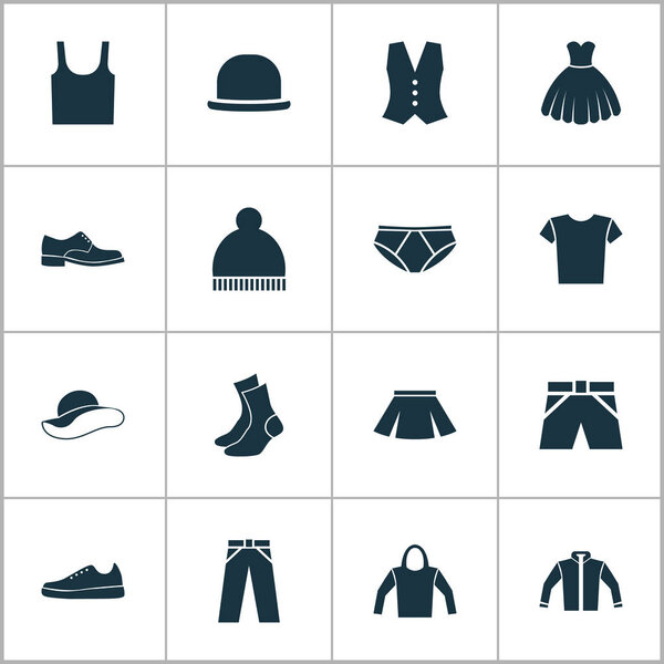 Garment Icons Set. Collection Of Cardigan, Half-Hose, Singlet And Other Elements. Also Includes Symbols Such As Socks, Waistcoat, Hat.