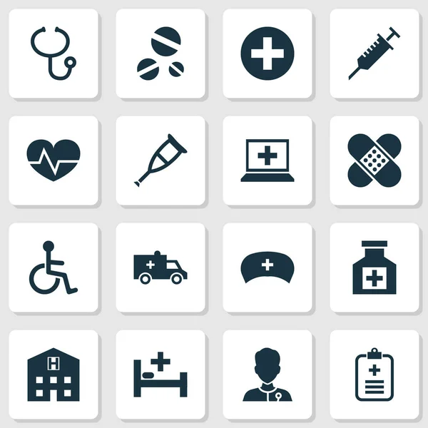 Uyuşturucu Icons Set. Tedavi, şifacı, kap ve diğer öğeleri koleksiyonu. Ayrıca yatak, Doktor, eczane gibi simgeler içerir.
