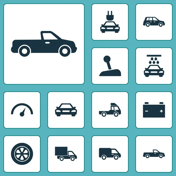 Automatiksymbole gesetzt. Sammlung von Stecker, Transportreinigung, LKW und anderen Elementen. umfasst auch Symbole wie LKW, Wasser, Beförderung. — Stockvektor