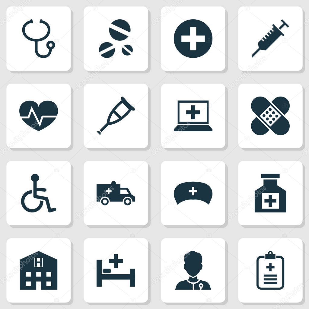 Drug Icons Set. Collection Of Cure, Healer, Cap And Other Elements. Also Includes Symbols Such As Bed, Medic, Pharmacy.