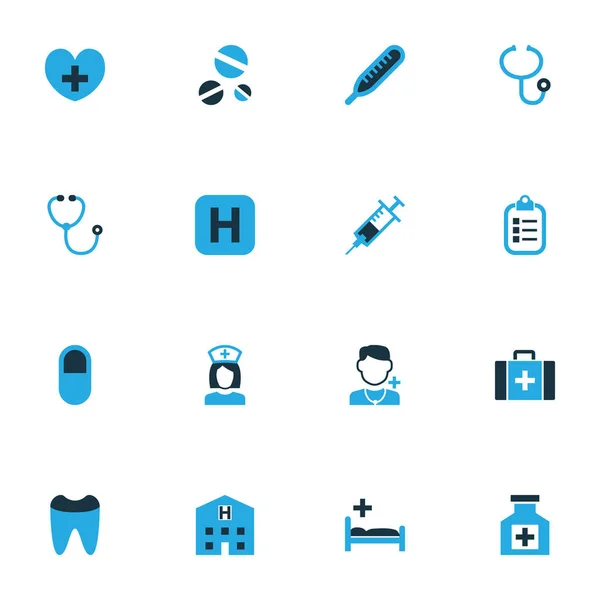 Geneeskunde kleurrijke Icons Set. Collectie Dope, ziekenhuis, pil en andere elementen. Ook symbolen zoals Man, hart, Help. — Stockvector