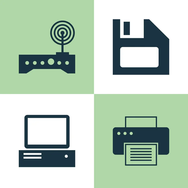 Набор иконок. Коллекция дискет, печатных машин, мониторов и других элементов. Also Includes Symbols such as Diskette, Printer, Wifi . — стоковый вектор