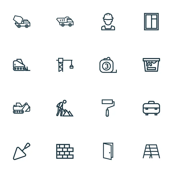 Industrie overzicht Icons Set. Collectie van metselwerk, werkset, bouwer en andere elementen. Ook symbolen zoals trapladder, kleur, ingang. — Stockvector