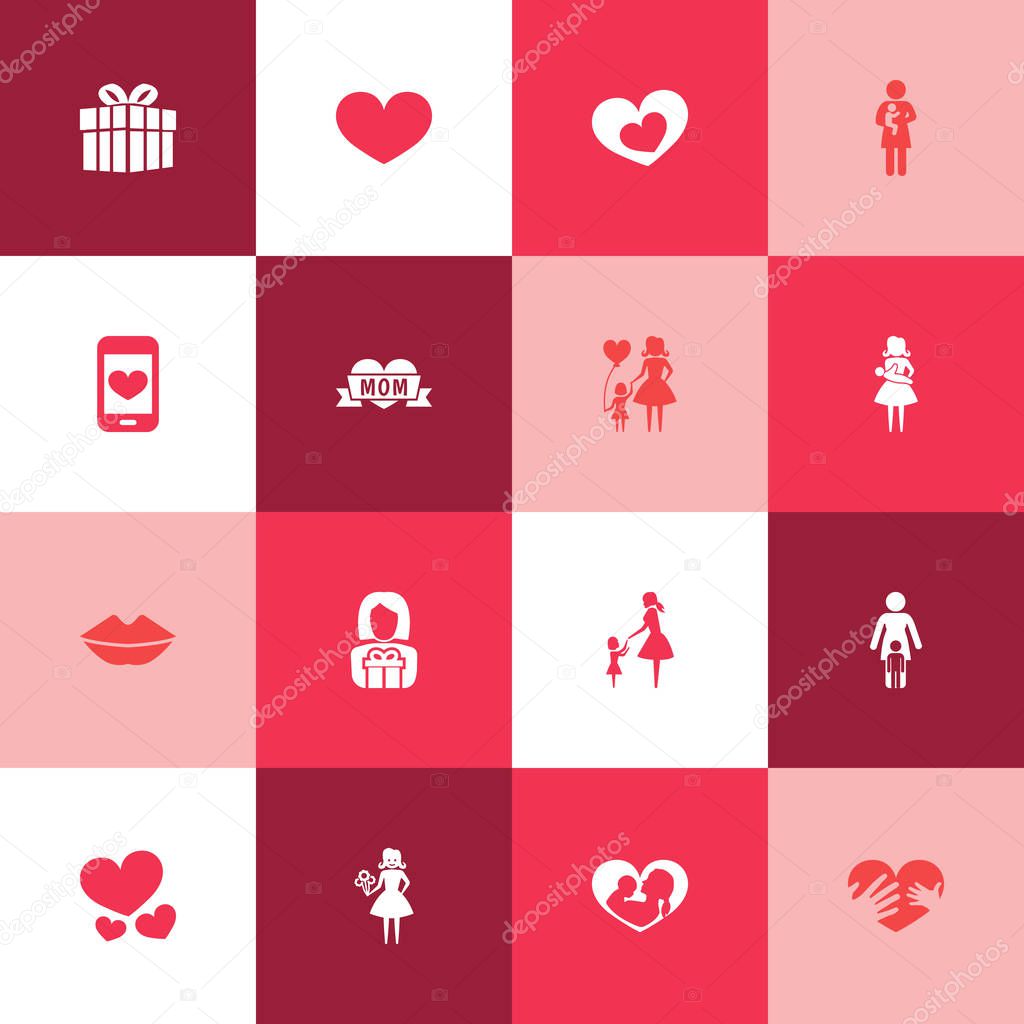 Mothers Day Icon Design Concept. Set Of 16 Such Elements As Shape, Cellphone And Loving. Beautiful Symbols For Daughter, Child And Screen.