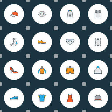 Renkli Anahat Icons Set elbise. Şort, bere, T-Shirt ve diğer öğeleri koleksiyonu. Ayrıca tunik, külotlu, şapka gibi simgeler içerir.