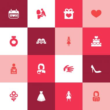 Anneler günü simgesi tasarım konsepti. 16 tane gibi öğeleri çocuk, gece elbisesi ve sevgi dolu ayarlayın. Stiletto topuklu ve Palm için güzel sembolleri.