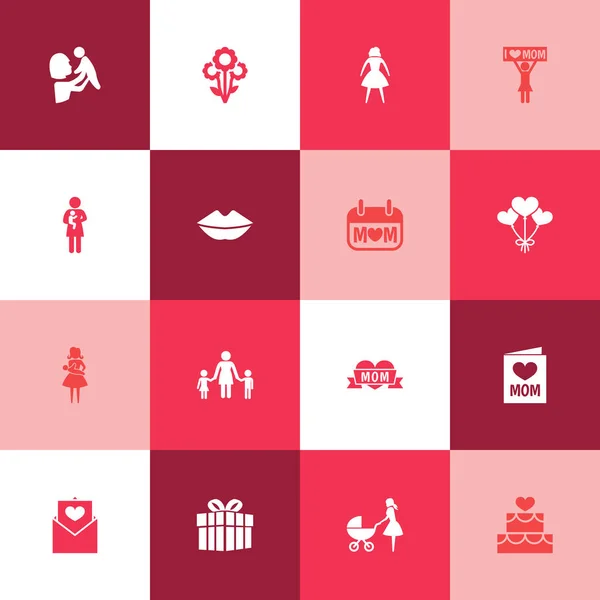 Mothers Day Icon Design Concept. Ensemble de 16 éléments tels que les femmes, les gens et les enfants. Beaux symboles pour poussette, gâteau et jour . — Image vectorielle