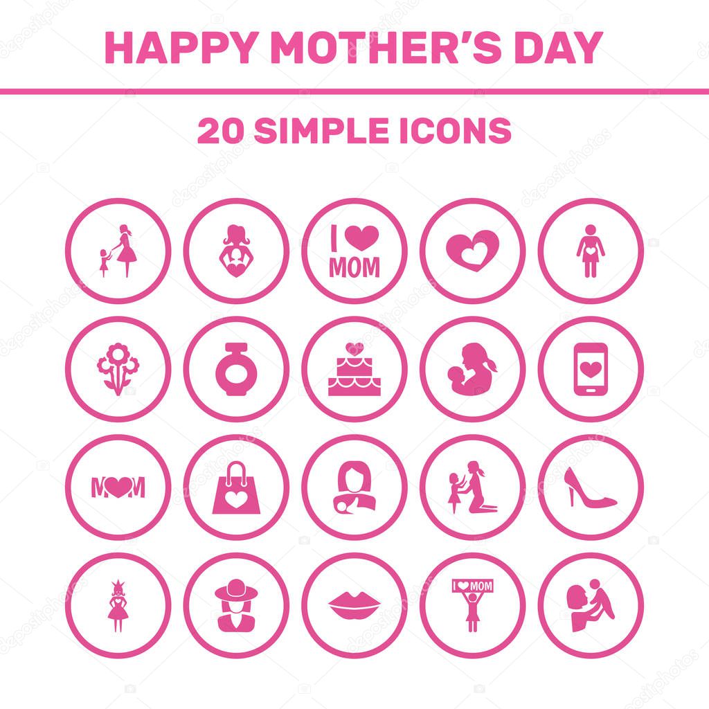 Mothers Day Icon Design Concept. Set Of 20 Such Elements As Kid, Protect And Stiletto. Beautiful Symbols For Bouquet, Screen And Perfume.