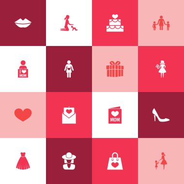Anneler günü simgesi tasarım konsepti. Kadın, davet 16 gibi öğeleri kümesi ve anne seviyorum. Güzel sembolleri kartı, kalp ve ben.