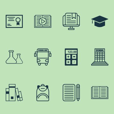 Okul Icons Set. Koleksiyon E-eğitim, kitap, sırt ve diğer öğeleri açıldı. Ayrıca sembolleri gibi içerir elektronik, ses, sırt çantası.