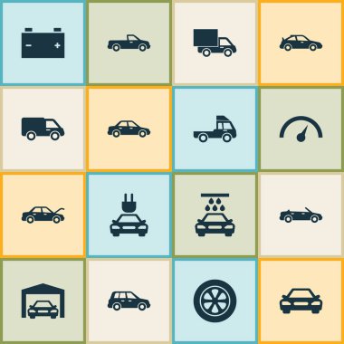 Otomobil Icons Set. Aktarım Temizleme, Chronometre, Crossover ve diğer öğeleri koleksiyonu. Ayrıca hız göstergesi, su, Crossover gibi simgeler içerir.