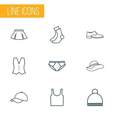 Giysi anahat simgeler kümesi. Yelek, ponpon, Panama ve diğer öğeleri koleksiyonu. Ayrıca yaz, Cap, Ayakkabı gibi simgeler içerir.